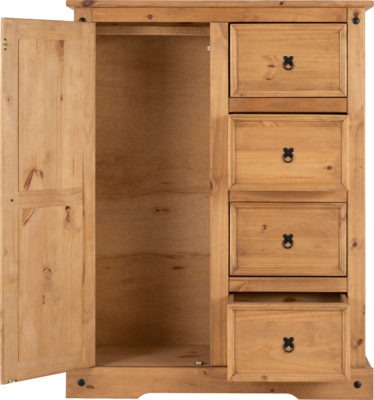 Corona 1 Door 4 Drawer Low Wardrobe Distressed Waxed Pine