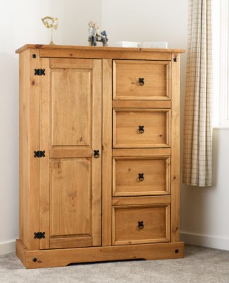 Corona 1 Door 4 Drawer Low Wardrobe Distressed Waxed Pine