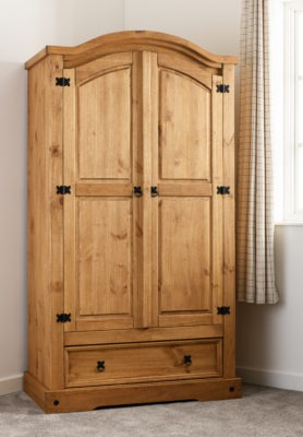 Corona 2 Door 1 Drawer Wardrobe Distressed Waxed Pine