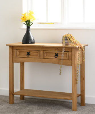 Corona 2 Drawer Console Table With Shelf Distressed Waxed Pine