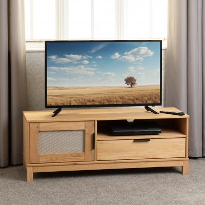 Corona Rattan 1 Door 1 Drawer TV Unit Distressed Wax Pine/Rattan Effect