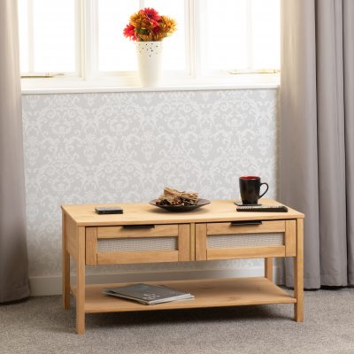 Corona Rattan 2 Drawer Coffee Table Distressed Wax Pine/Rattan Effect