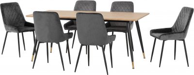 Hamilton Large Dining Set with Avery Chairs Medium Oak Effect/Black/Grey Velvet