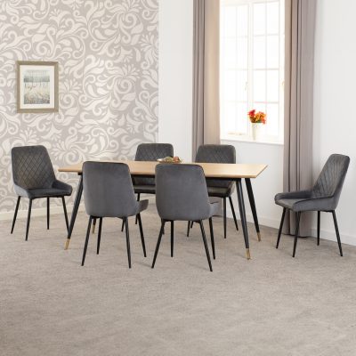 Hamilton Large Dining Set with Avery Chairs Medium Oak Effect/Black/Grey Velvet