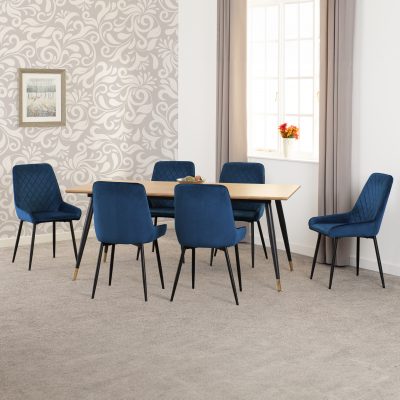 Hamilton Large Dining Set with Avery Chairs Medium Oak Effect/Black/Sapphire Blue Velvet