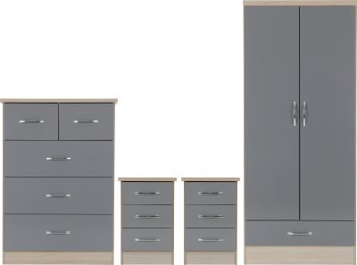 Nevada 2 Door 1 Drawer Wardrobe Bedroom Set Grey Gloss/Light Oak Effect Veneer