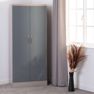 Nevada 2 Door All Hanging Wardrobe Grey Gloss/Light Oak Effect Veneer