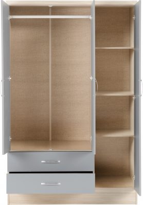 Nevada 3 Door 2 Drawer Mirrored Wardrobe Grey Gloss/Light Oak Effect Veneer