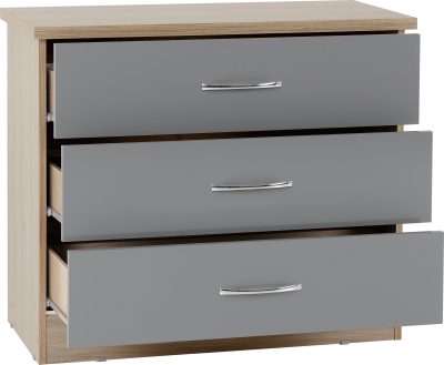 Nevada 3 Drawer Chest Grey Gloss/Light Oak Effect Veneer