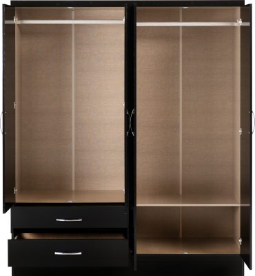 Nevada 4 Door 2 Drawer Mirrored Wardrobe Black Gloss