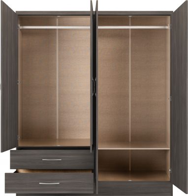 Nevada 4 Door 2 Drawer Mirrored Wardrobe Black Wood Grain