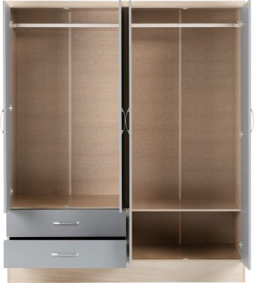 Nevada 4 Door 2 Drawer Mirrored Wardrobe Grey Gloss/Light Oak Effect Veneer