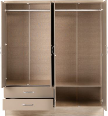 Nevada 4 Door 2 Drawer Mirrored Wardrobe Oyster Gloss/Light Oak Effect Veneer