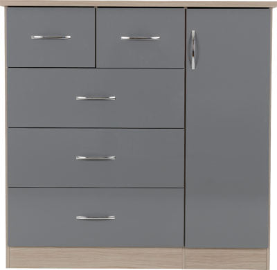 Nevada 5 Drawer Low Wardrobe Grey Gloss/Light Oak Effect Veneer