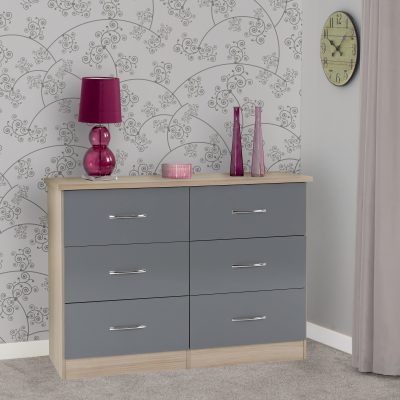 Nevada 6 Drawer Chest Grey Gloss/Light Oak Effect Veneer