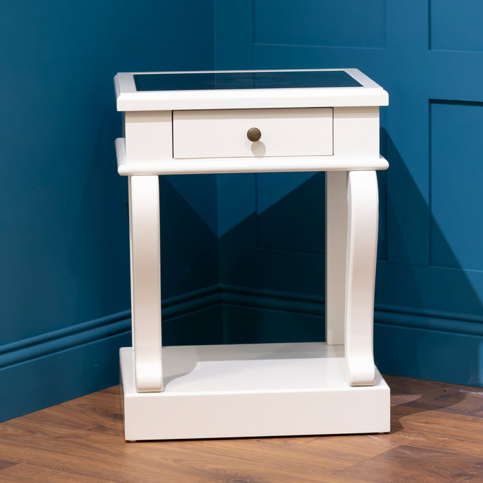 Scroll ivory end table 1 drawer with mirror