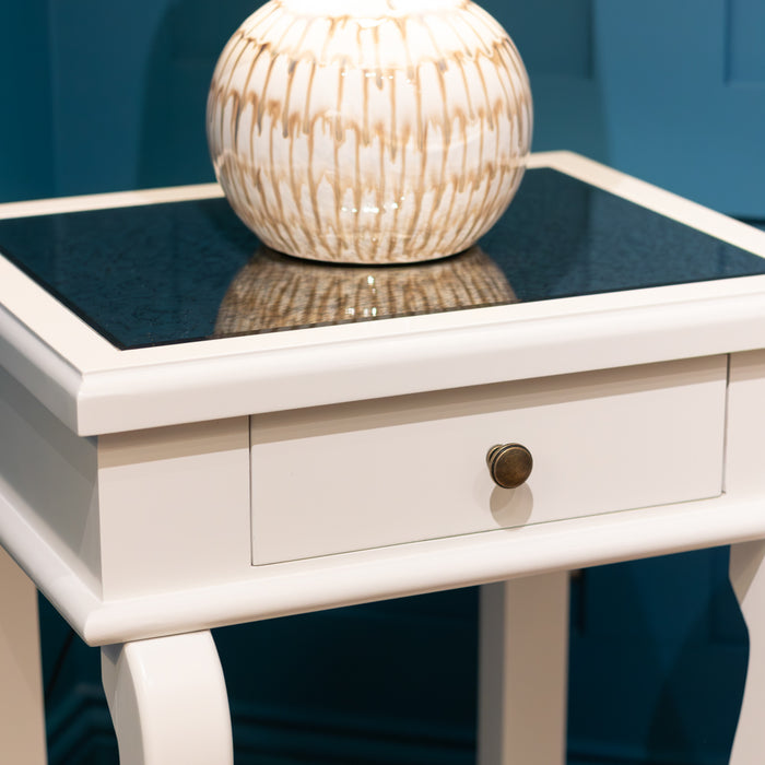 Scroll ivory end table 1 drawer with mirror