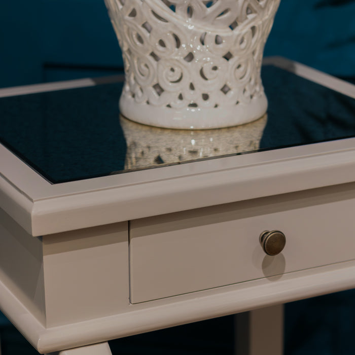 Scroll grey end table w/drawer with mirror