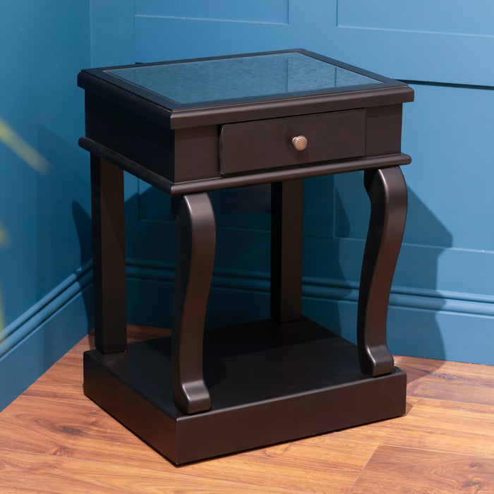 Scroll black end table w/drawer with mirror