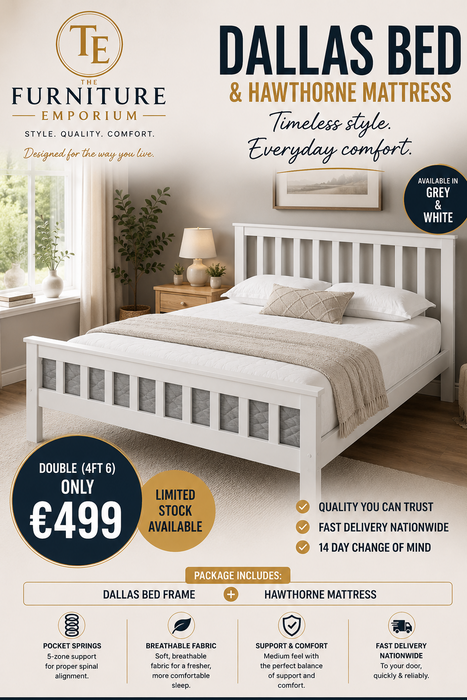 Dallas Double Bed & Hawthorne Pocket Mattress Set – Grey or White | €499