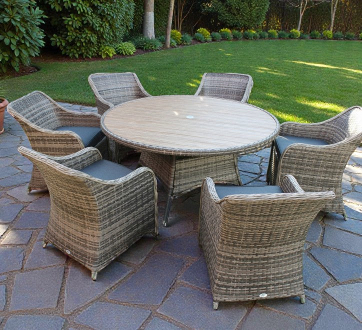 Westport 6 Seater Round Rattan Garden Dining Set – 150cm Wood Effect Table