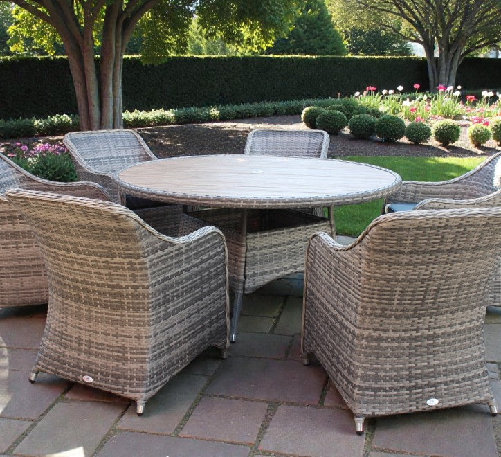 Westport 6 Seater Round Rattan Garden Dining Set – 150cm Wood Effect Table