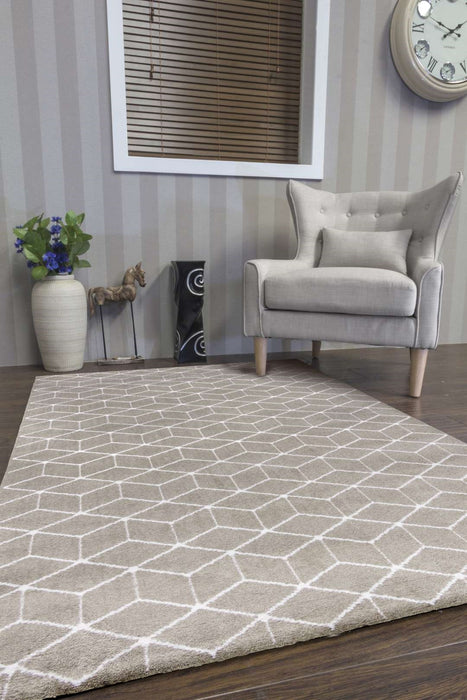 Beige & Cream Geometric Cube Rug - Ambience