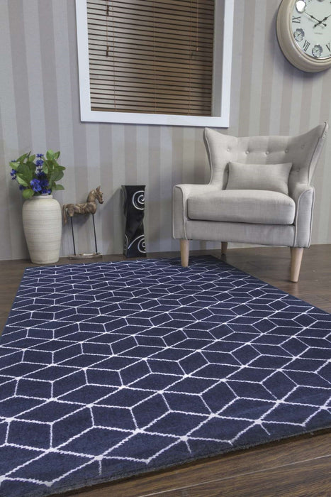 Navy & Cream Geometric Cube Rug - Ambience