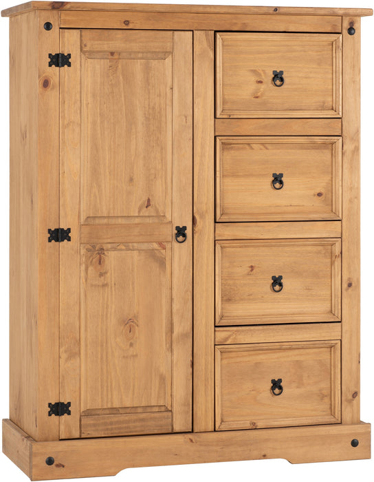 Corona 1 Door 4 Drawer Low Wardrobe in Distressed Waxed Pine