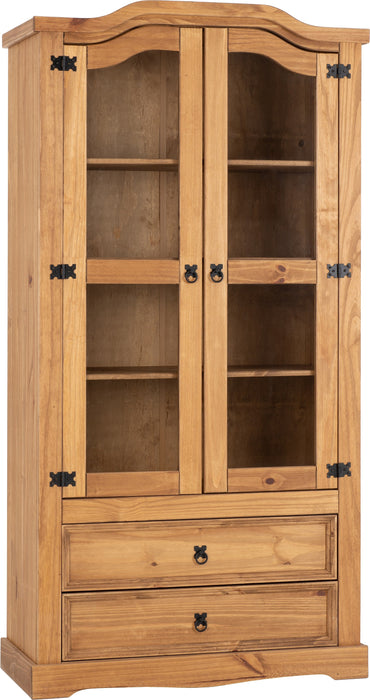Corona 2 Door 2 Drawer Glass Display Unit in Distressed Waxed Pine/Clear Glass