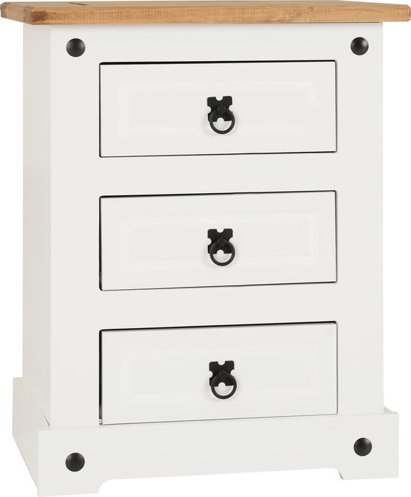 Corona 3 Drawer Bedside Chest in White/Distressed Waxed Pine