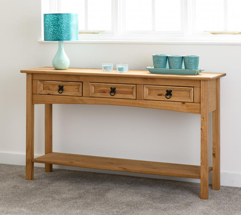 Corona 3 Drawer Console Table with Shelf in Distressed Waxed Pine