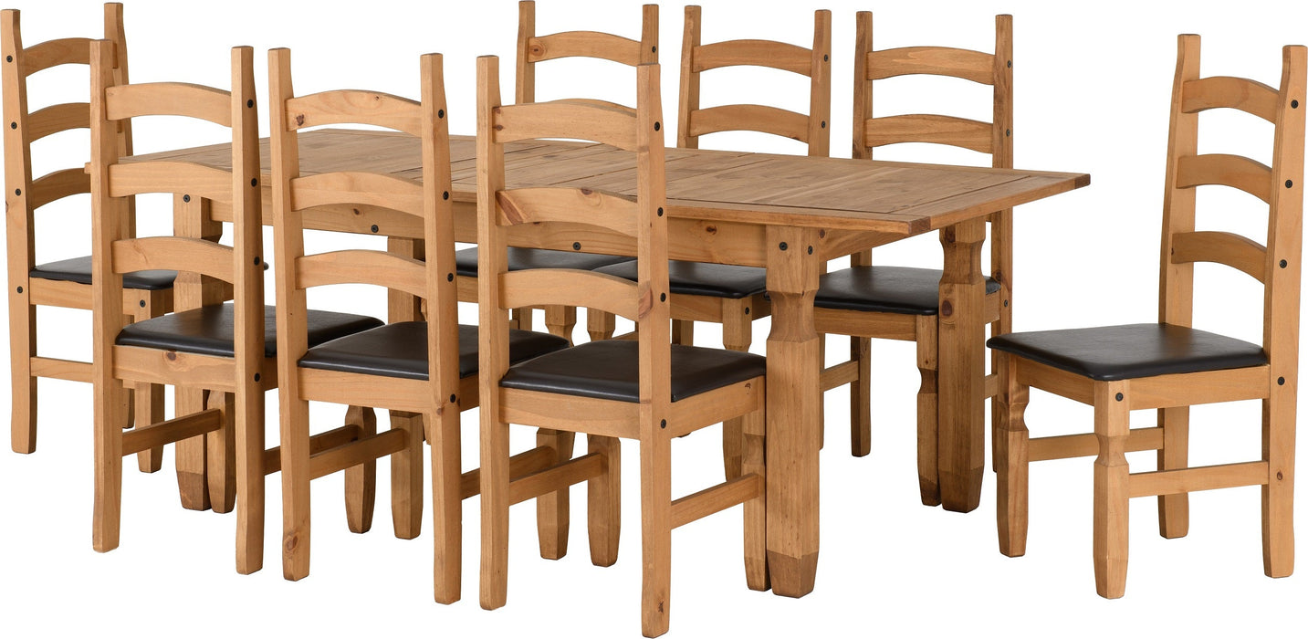 Corona Extending Dining Set (1+8) in Distressed Waxed Pine/Brown Faux Leather
