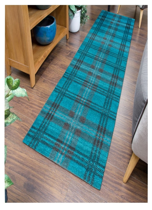 Glendale Tartan Runner Rug Teal Grey