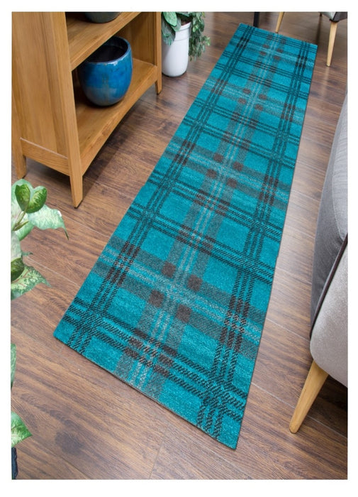 Glendale Tartan Runner Rug - Teal/Grey