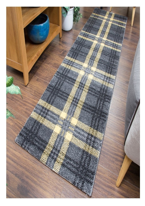 Glendale Tartan Runner Rug Grey Yellow