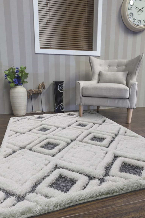 Grey Cream Squares Shaggy Rug - Finesse Motif