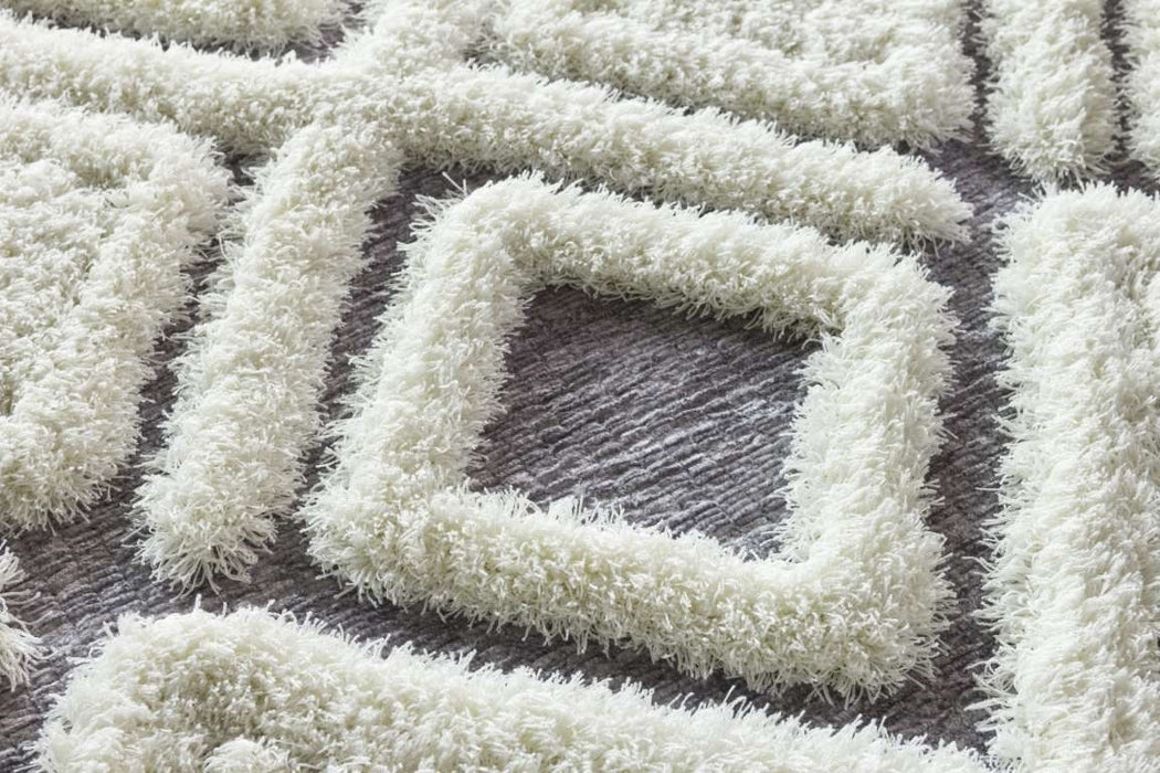 Grey Cream Squares Shaggy Rug - Finesse Motif