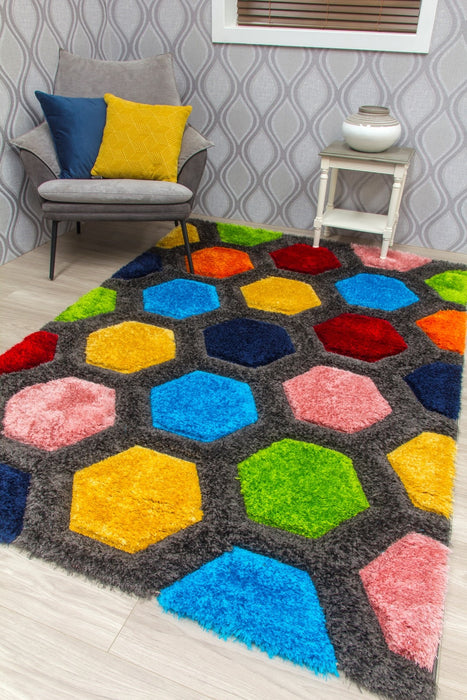 Paradise Honeycomb - 3D Shaggy Rug - Multicolour