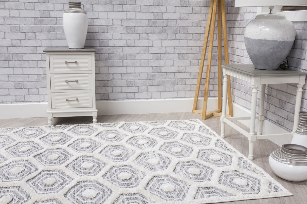 Grey Cream Honeycomb Geometric Rug - Lindos