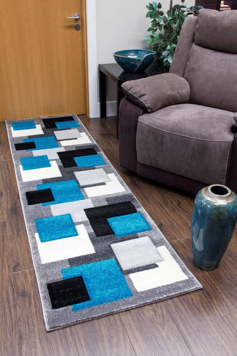 Teal Grey Modern Squares Geometric Rug - Tempo