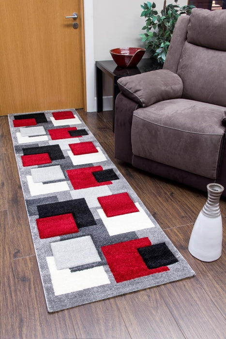 Tempo Squares Runner Rug - Black/Grey/Red