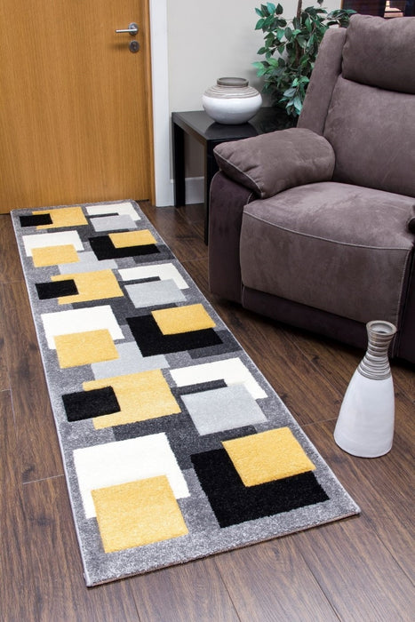 Tempo Squares Runner Rug - Black/Grey/Yellow