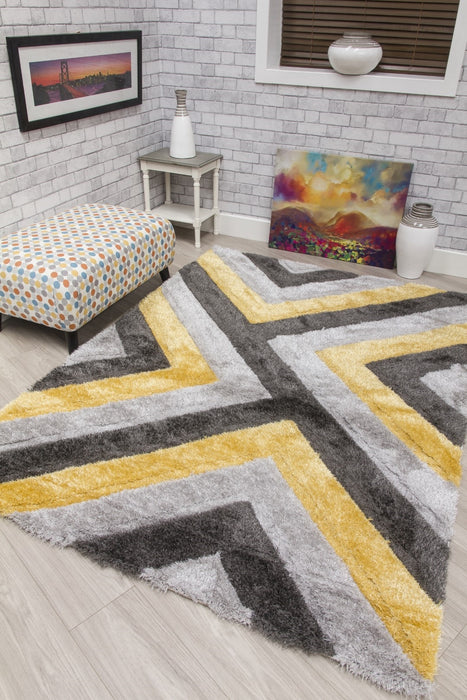 Luxus Cascade - 3D Shaggy Rug - Grey/Yellow