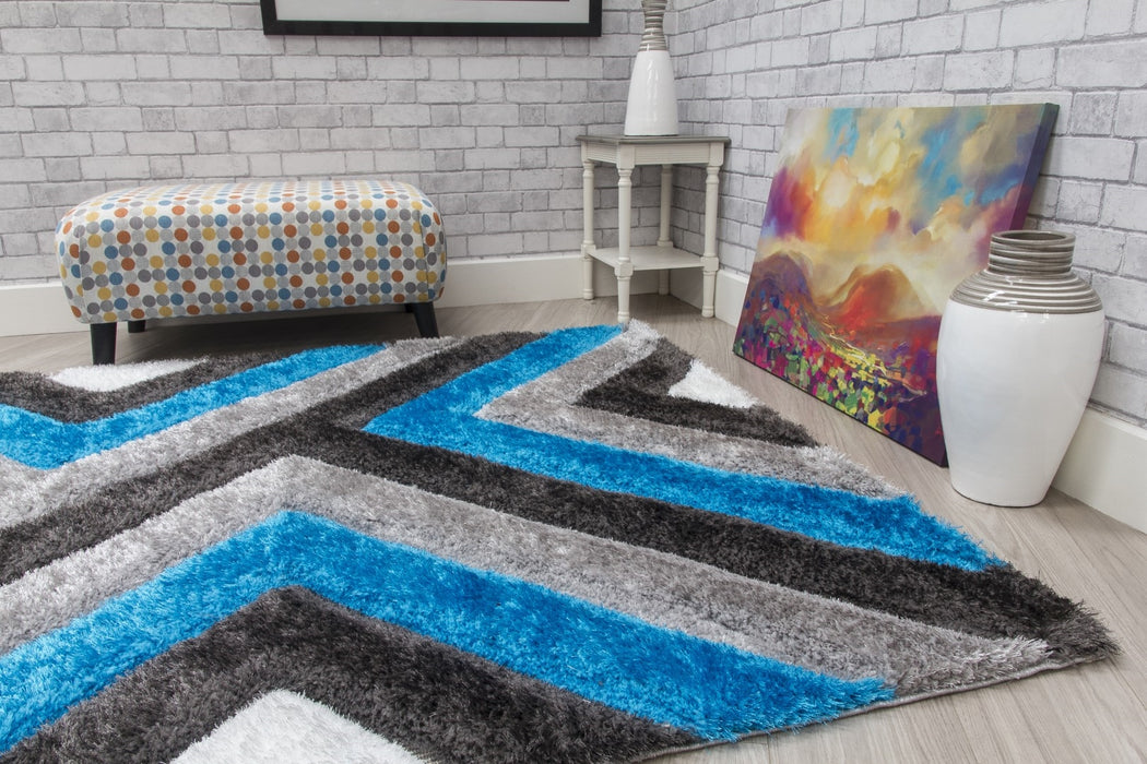 Luxus Cascade - 3D Shaggy Rug - Grey/Teal