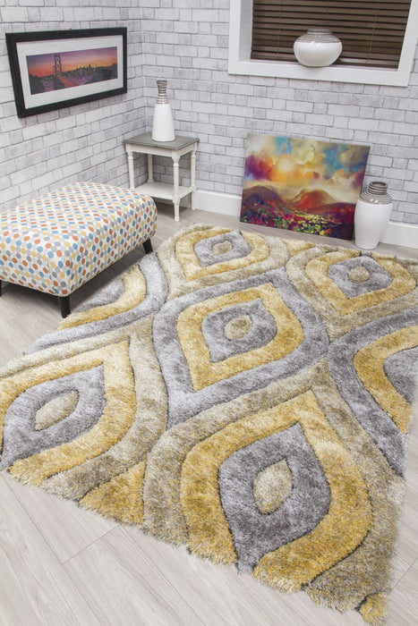 Luxus Teardrop - 3D Shaggy Rug - Grey/Yellow