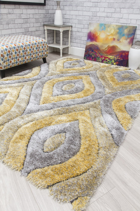 Luxus Teardrop - 3D Shaggy Rug - Grey/Yellow