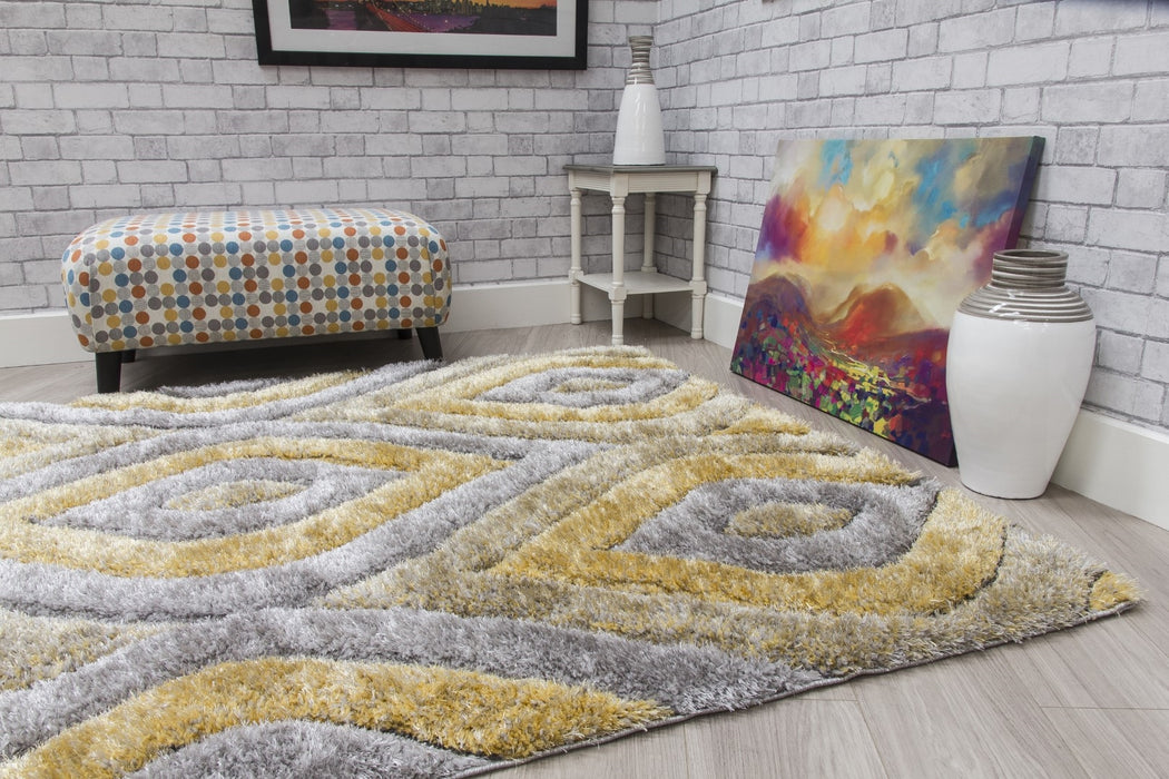 Luxus Teardrop - 3D Shaggy Rug - Grey/Yellow