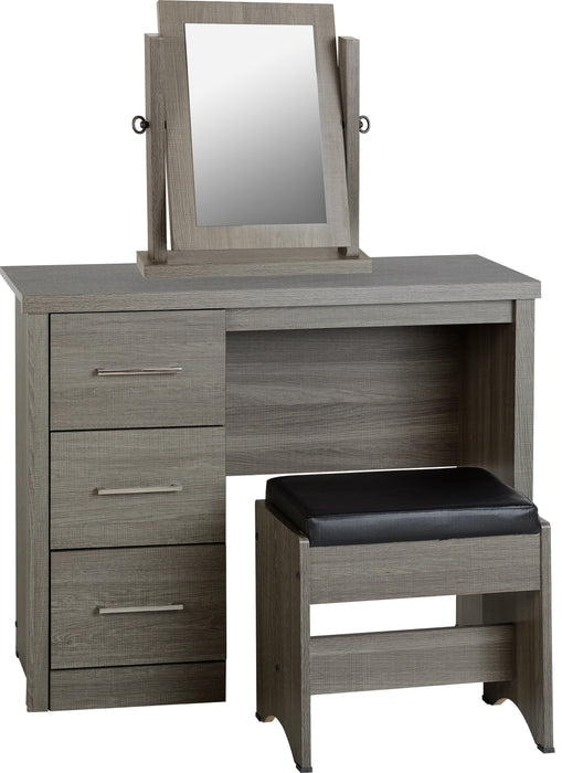 Lisbon 3 Piece Dressing Table Set with Mirror in Black Wood Grain/Black Faux Leather