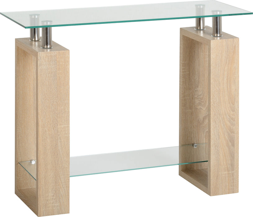Milan Console Table in Sonoma Oak Effect Veneer/Clear Glass/Silver
